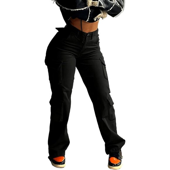 Women Cargo Jeans Cotton Large Utility Pocket Wide Leg Casual Streetwear - Picture 1 of 7